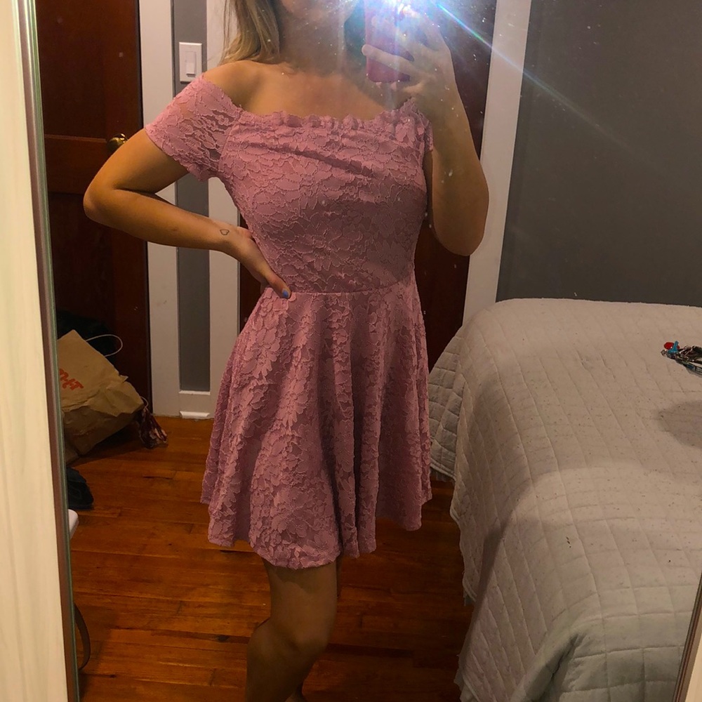 Windsor Pink lace off the shoulder dress